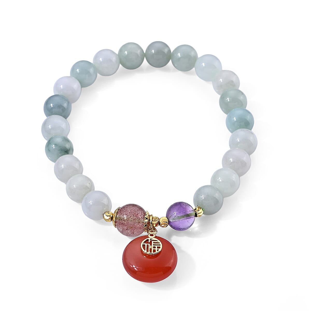 Natural Jade and Multi Gemstone 115.00 ctw Beaded Stretch Bracelet with Peace Buckle in Goldtone