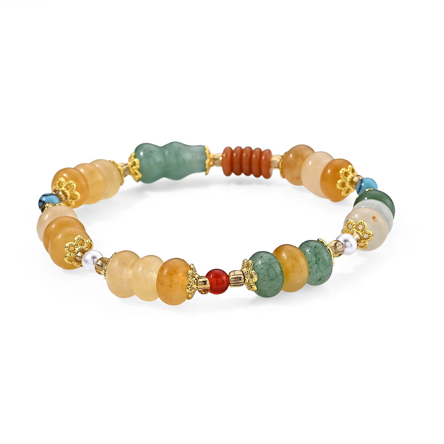 Green Aventurine and Script Stone 55.00 ctw Beaded Stretch Bracelet in Goldtone