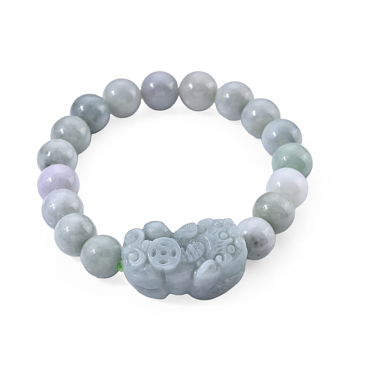 Natural Jade 180.00 ctw Carved Pixiu and Beaded Stretch Bracelet