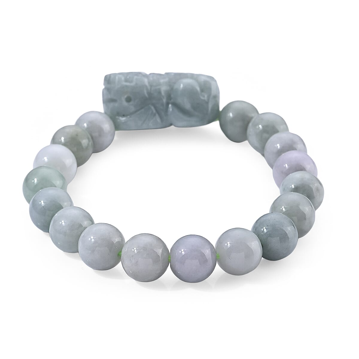 Natural Jade 180.00 ctw Carved Pixiu and Beaded Stretch Bracelet
