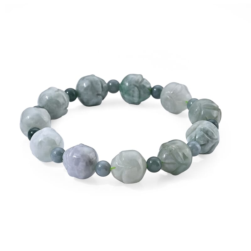 Natural Jade 200.00 ctw Carved Lotus and Beaded Stretch Bracelet