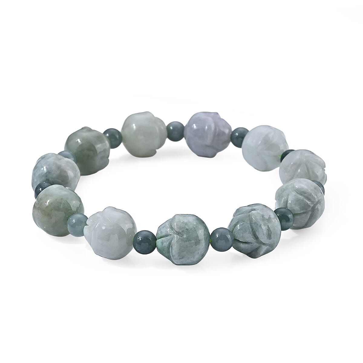 Natural Jade 200.00 ctw Carved Lotus and Beaded Stretch Bracelet