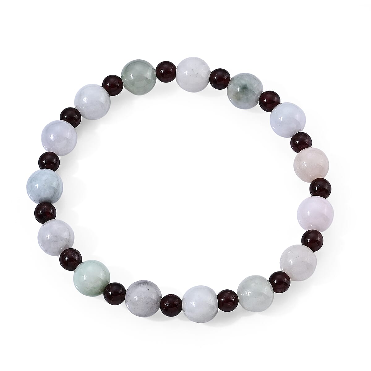 Natural Jade 70.00 ctw Carved and Red Garnet Beaded Stretch Bracelet