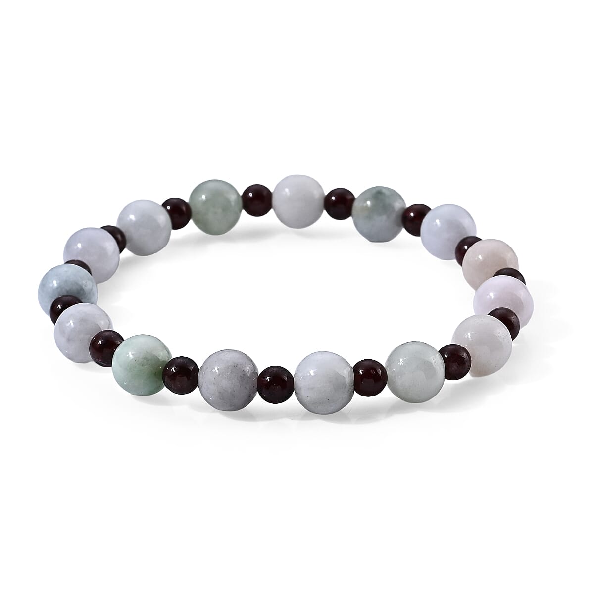 Natural Jade 70.00 ctw Carved and Red Garnet Beaded Stretch Bracelet