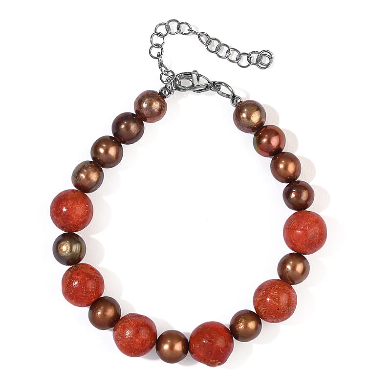EverTrue Brown Pearl (D) and Coral 35.00 ctw Bracelet in Stainless Steel (7.25 In)