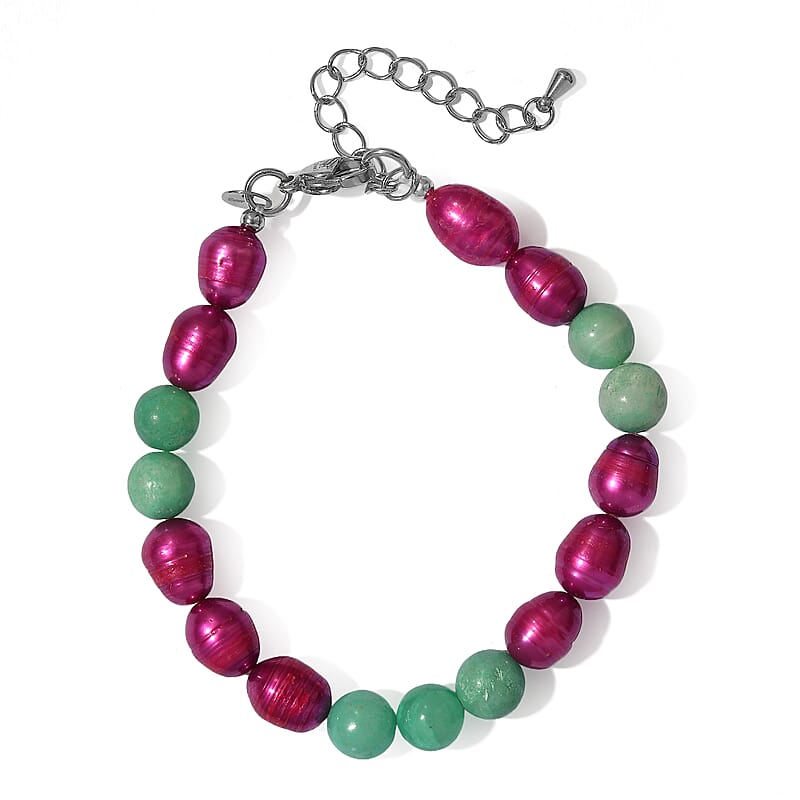 EverTrue Amazonite 25.00 ctw and Pink Freshwater Pearl (D) Bracelet in Stainless Steel (7.25 In)