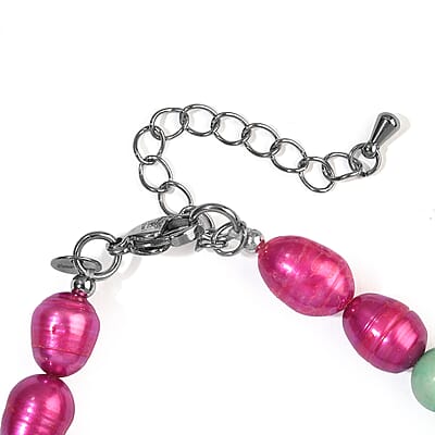 EverTrue Amazonite 25.00 ctw and Pink Freshwater Pearl (D) Bracelet in Stainless Steel (7.25 In)