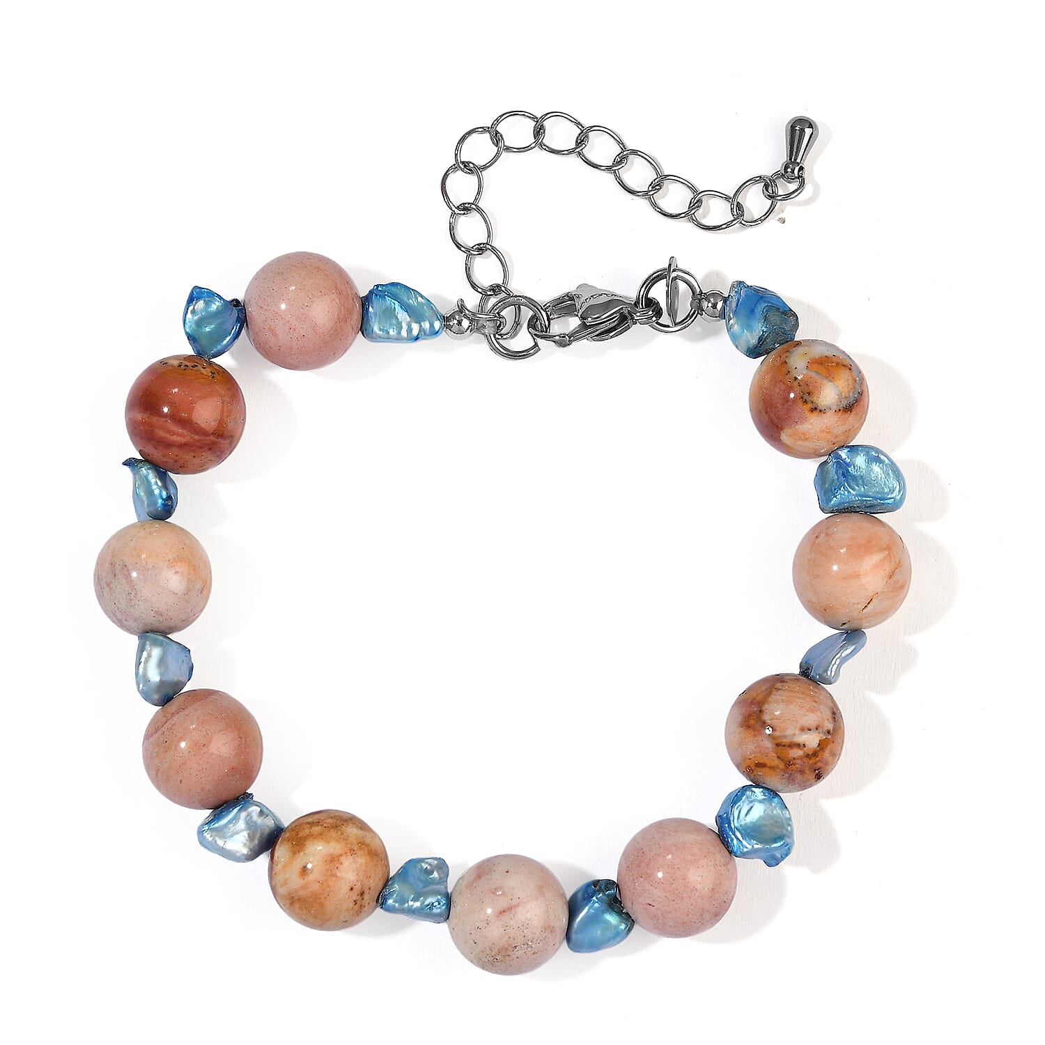 EverTrue Blue Pearl (D) and Jasper 65.00 ctw Bracelet in Stainless Steel (7.25 In)
