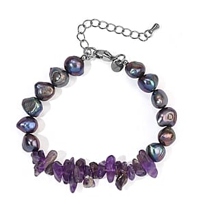 EverTrue African Amethyst 35.00 ctw and Pearl (D) Bracelet in Stainless Steel (7.25 In)
