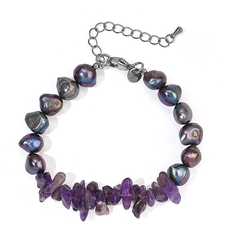 EverTrue African Amethyst 35.00 ctw and Pearl (D) Bracelet in Stainless Steel (7.25 In)