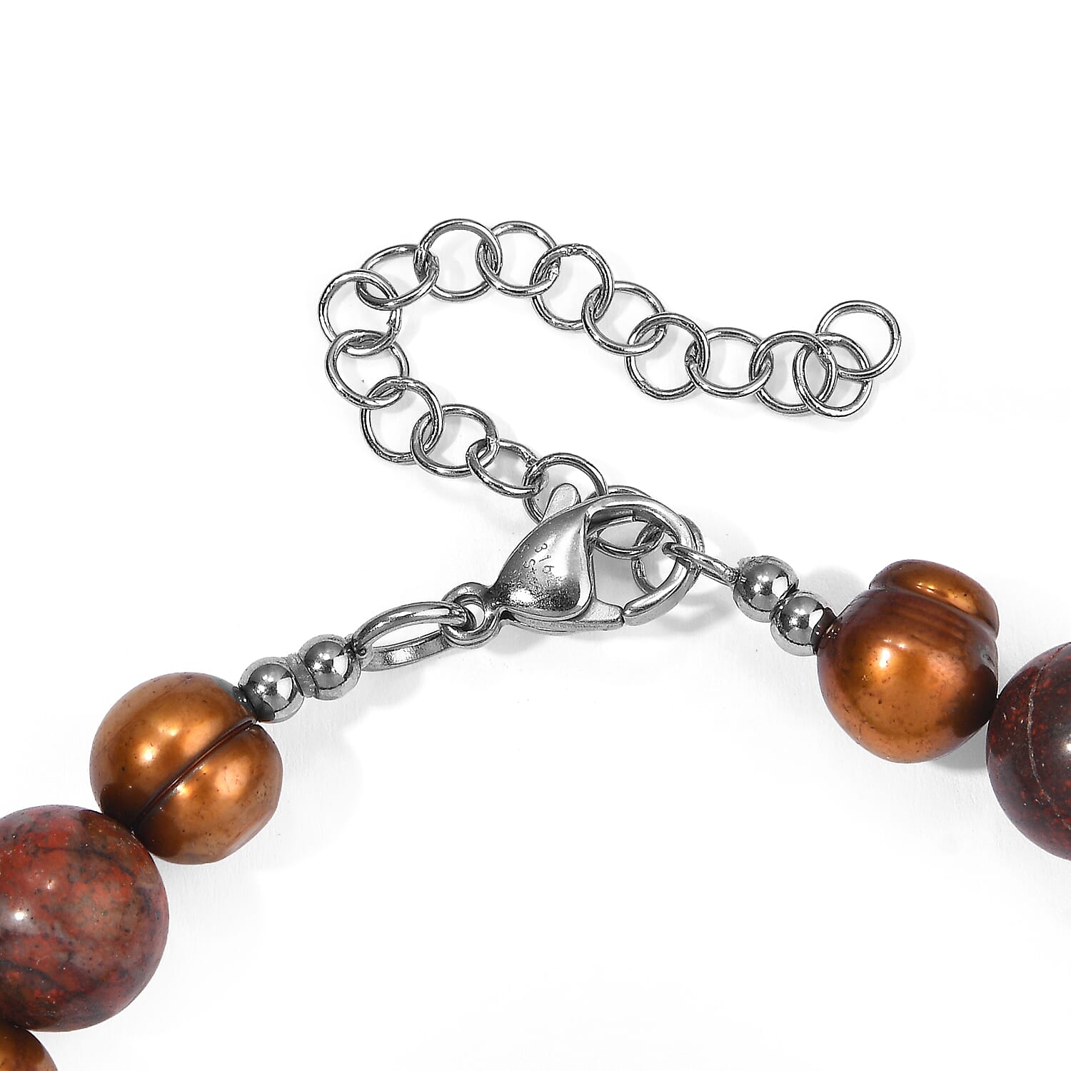 EverTrue Brown Pearl (D) and Red Jasper 60.00 ctw Bracelet in Stainless Steel (7.25 In)