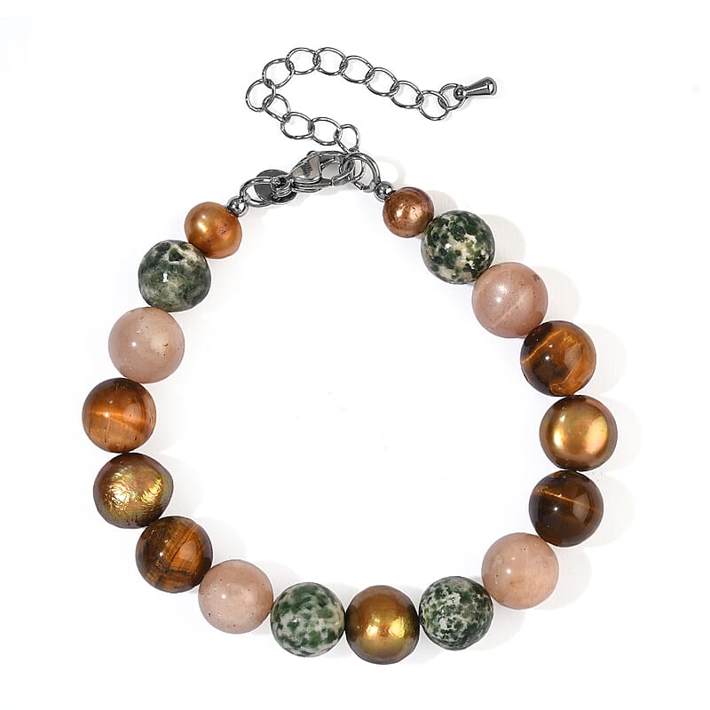 EverTrue Multi Gemstone 95.00 ctw and Burgundy Freshwater Pearl (D) Bracelet in Stainless Steel (7.25 In)