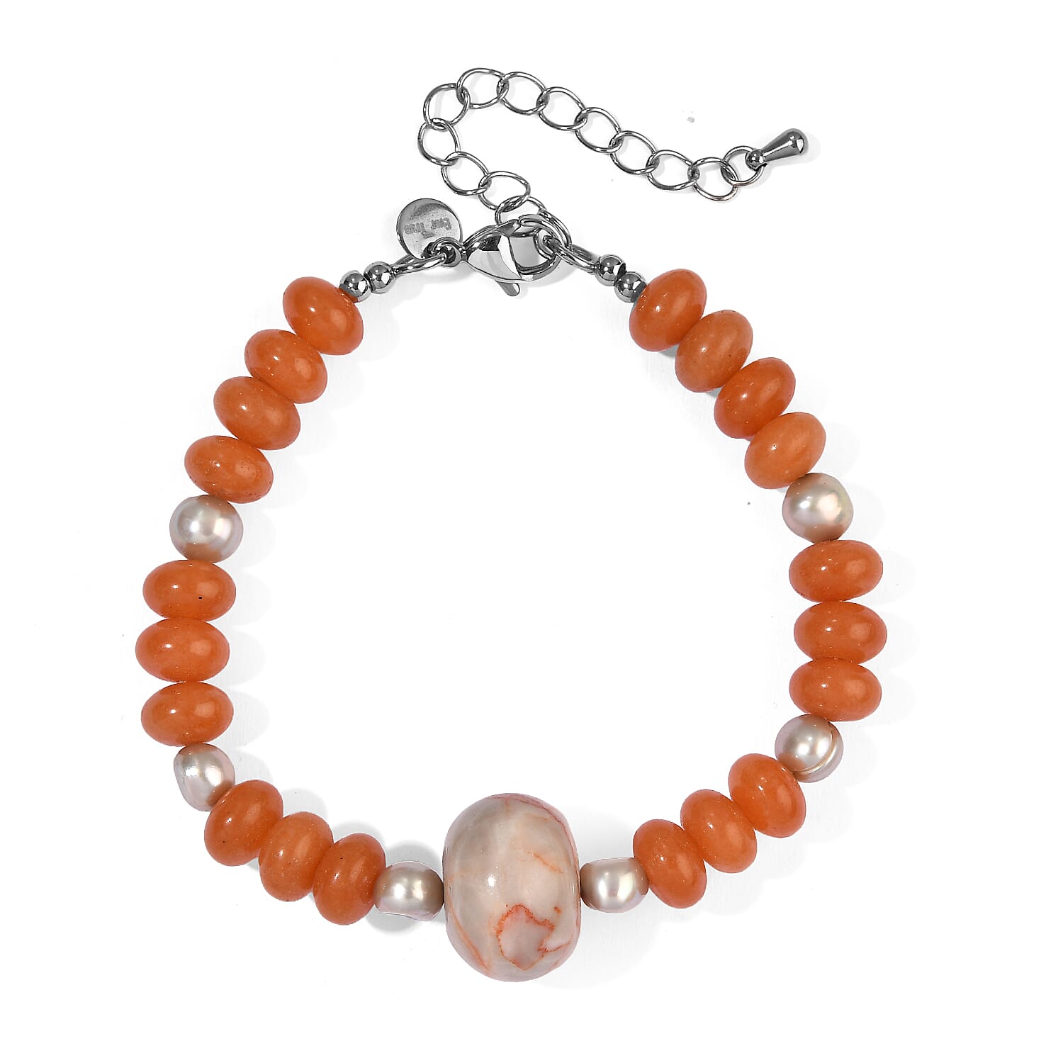 EverTrue Champagne Freshwater Pearl, Red Aventurine and Pink Web Jasper 80.00 ctw Bracelet in Stainless Steel (7.25 In)