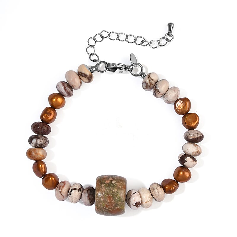 EverTrue Bronze Pearl (D), Peanut Wood and Pink Web Jasper 80.00 ctw Bracelet in Stainless Steel (7.25 In)