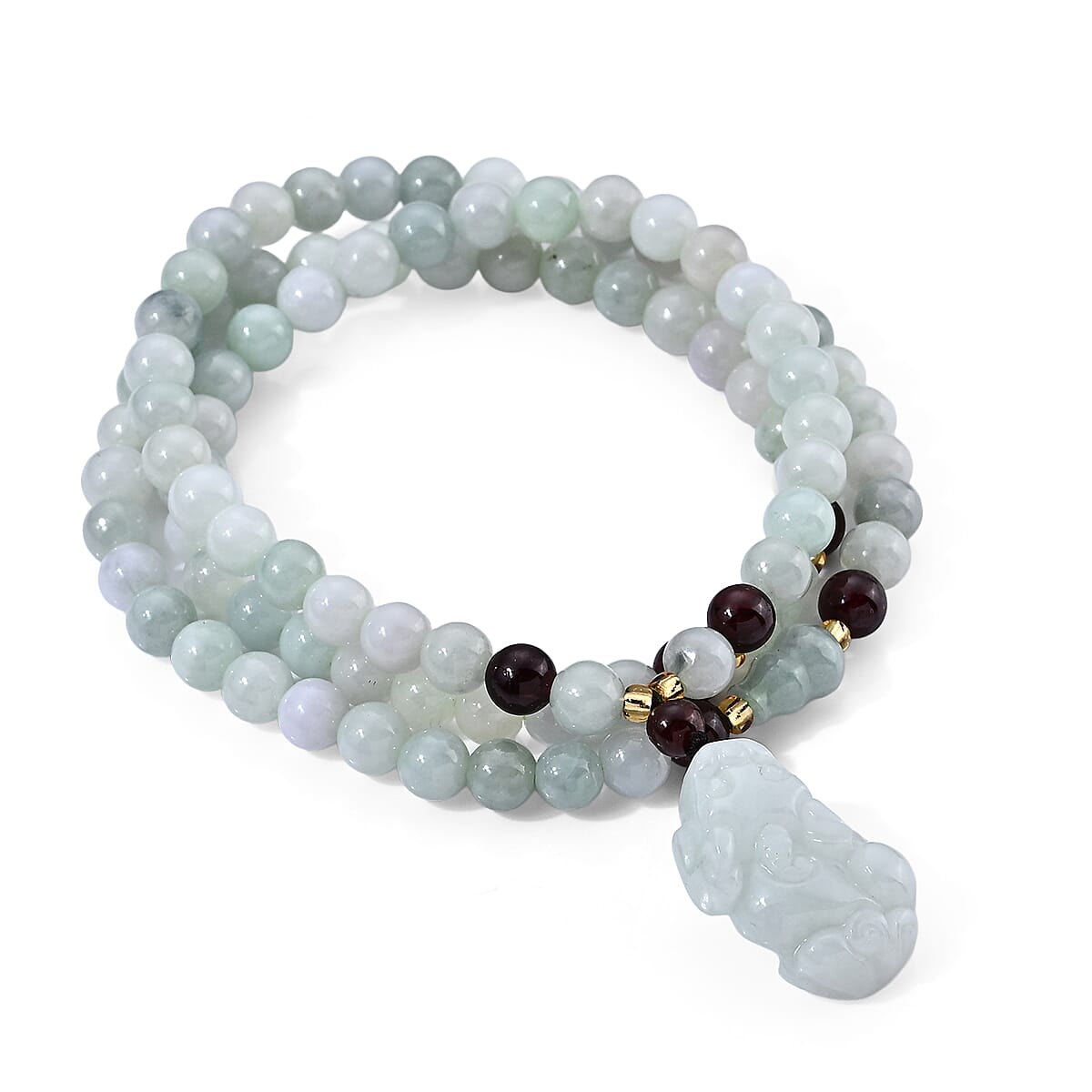 Natural Jade, Red Garnet and Glass Carved Pixiu Necklace (20 Inches) 180.00 ctw