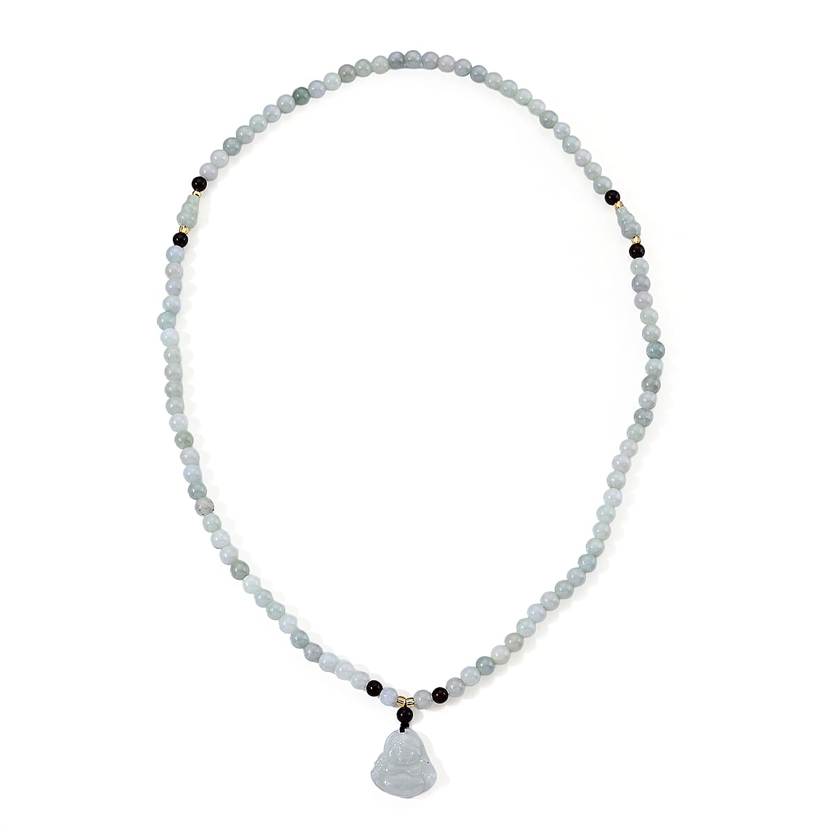 Natural Jade, Red Garnet and Glass Carved Peace Buddha Necklace (20 Inches) 175.50 ctw