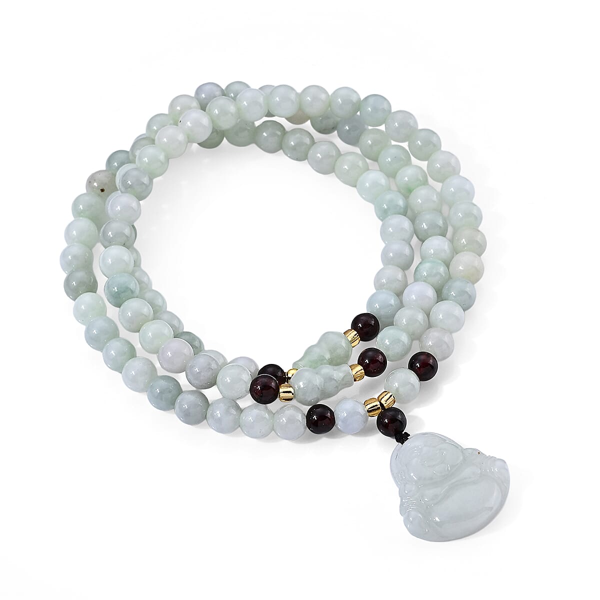 Natural Jade, Red Garnet and Glass Carved Peace Buddha Necklace (20 Inches) 175.50 ctw