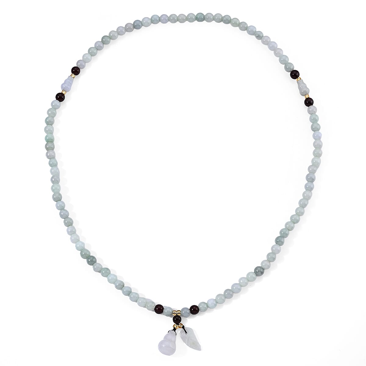 Natural Jade, Red Garnet and Glass Carved Gourd and Leaf Necklace (20 Inches) 175.50 ctw