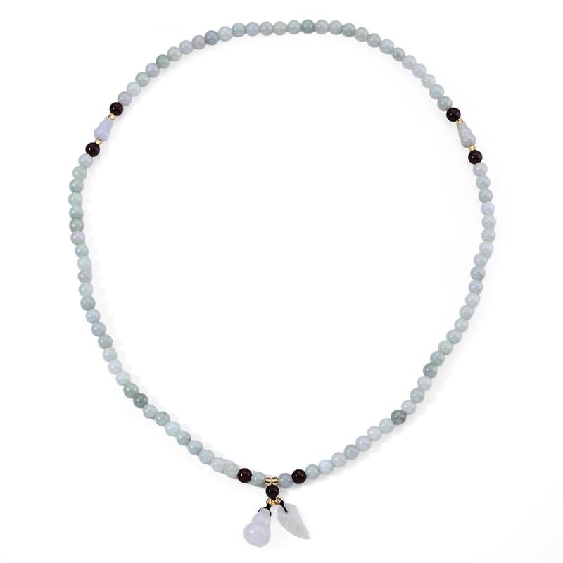 Natural Jade, Red Garnet and Glass Carved Gourd and Leaf Necklace (20 Inches) 175.50 ctw