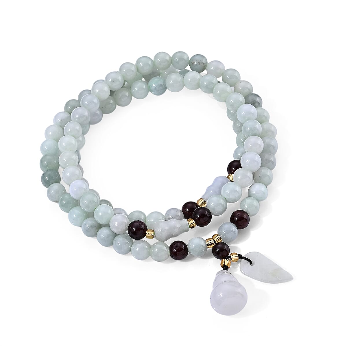 Natural Jade, Red Garnet and Glass Carved Gourd and Leaf Necklace (20 Inches) 175.50 ctw