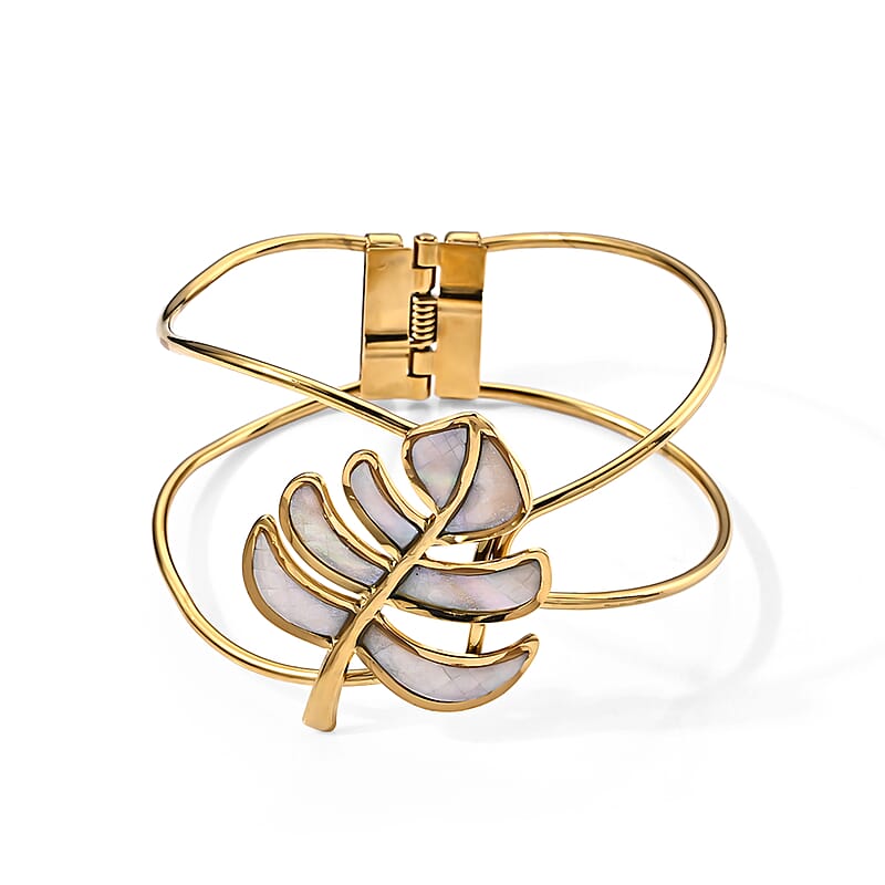 White Mother of Pearl Bangle Bracelet in ION Plate YG Stainless Steel (6.5 In)