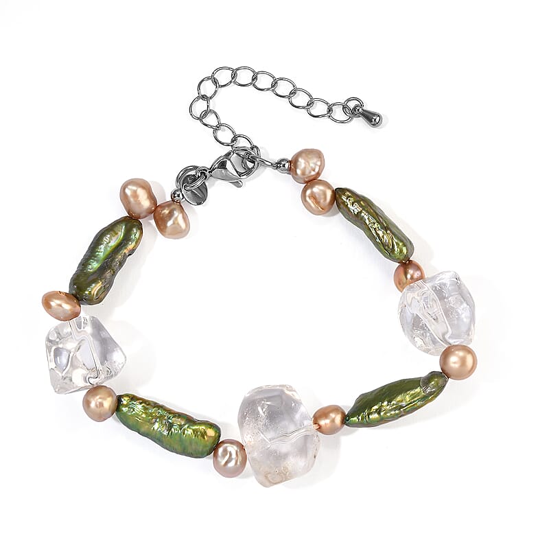 EverTrue Champagne Freshwater and Green Pearl (D) and Crystal Quartz 80.00 ctw Bracelet in Stainless Steel (7.25 In)