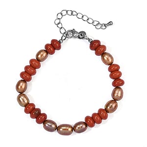 EverTrue Brown Pearl (D) and Red Jasper 40.00 ctw Bracelet in Stainless Steel (7.25 In)