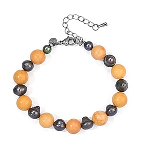 EverTrue Peacock Pearl and Yellow Jasper 55.00 ctw Bracelet in Stainless Steel (7.25 In)
