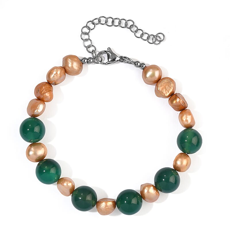 EverTrue Champagne Freshwater Pearl and Green Agate 50.00 ctw Bracelet in Stainless Steel (7.25 In)