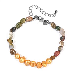 EverTrue Golden Pearl (D) and Moss Agate 30.00 ctw Bracelet in Stainless Steel (7.25 In)