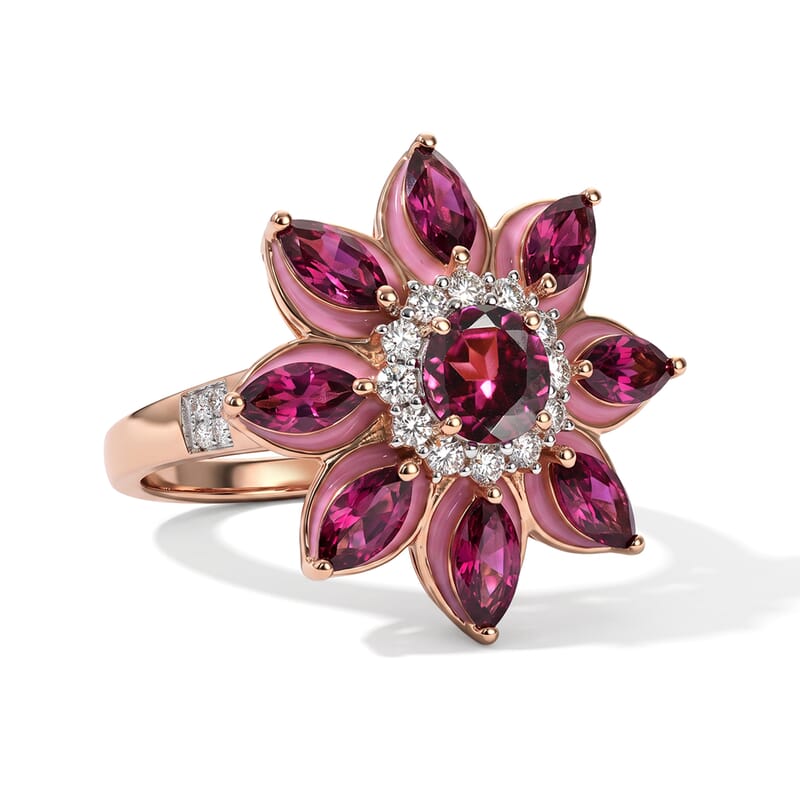 D'Joy Premium Orissa Rhodolite Garnet and Moissanite 3.75 ctw Berry Bloom Halo Ring in 18K Vermeil Rose Gold Over Sterling Silver (Size 10.0)