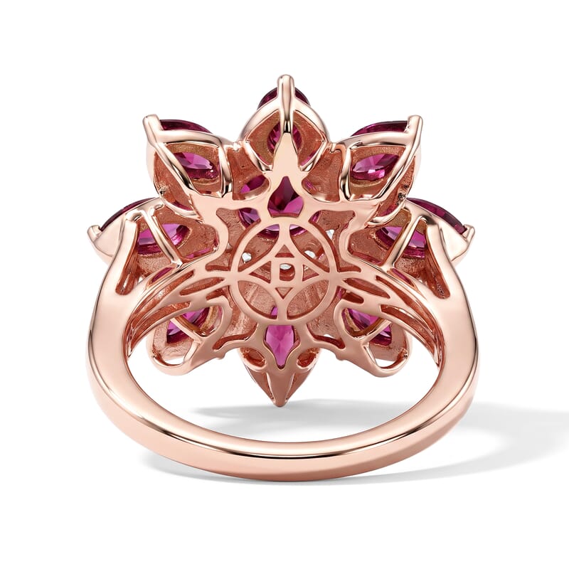 D'Joy Premium Orissa Rhodolite Garnet and Moissanite 3.75 ctw Berry Bloom Halo Ring in 18K Vermeil Rose Gold Over Sterling Silver (Size 10.0)