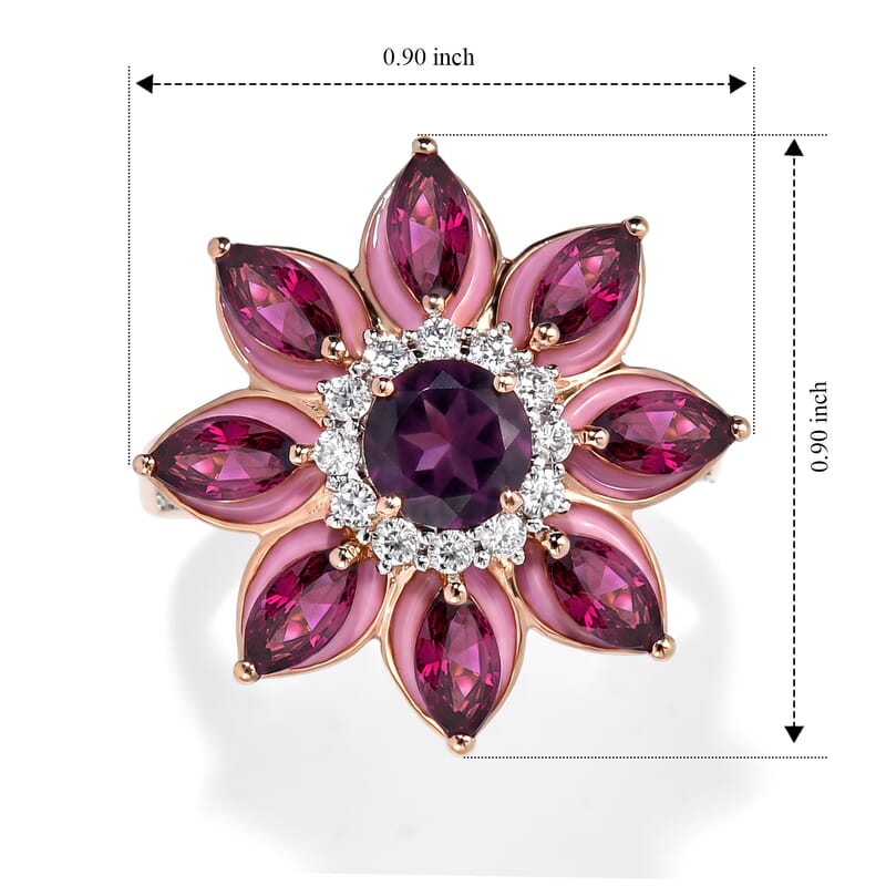 D'Joy Premium Orissa Rhodolite Garnet and Moissanite 3.75 ctw Berry Bloom Halo Ring in 18K Vermeil Rose Gold Over Sterling Silver (Size 10.0)