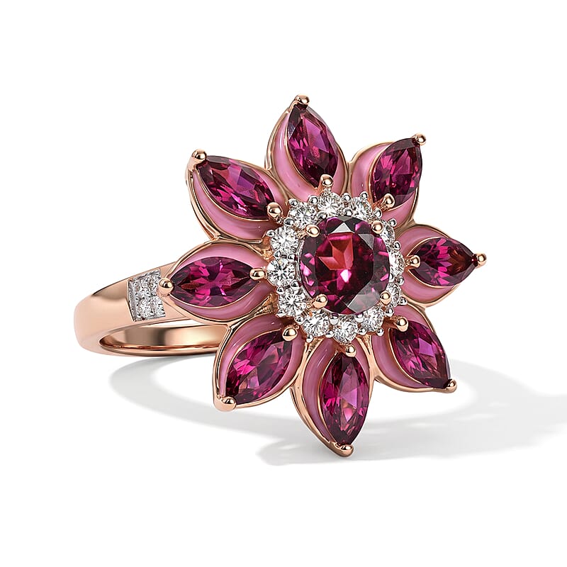 D'Joy Premium Orissa Rhodolite Garnet and Moissanite 3.75 ctw Berry Bloom Halo Ring in 18K Vermeil Rose Gold Over Sterling Silver (Size 6.0)