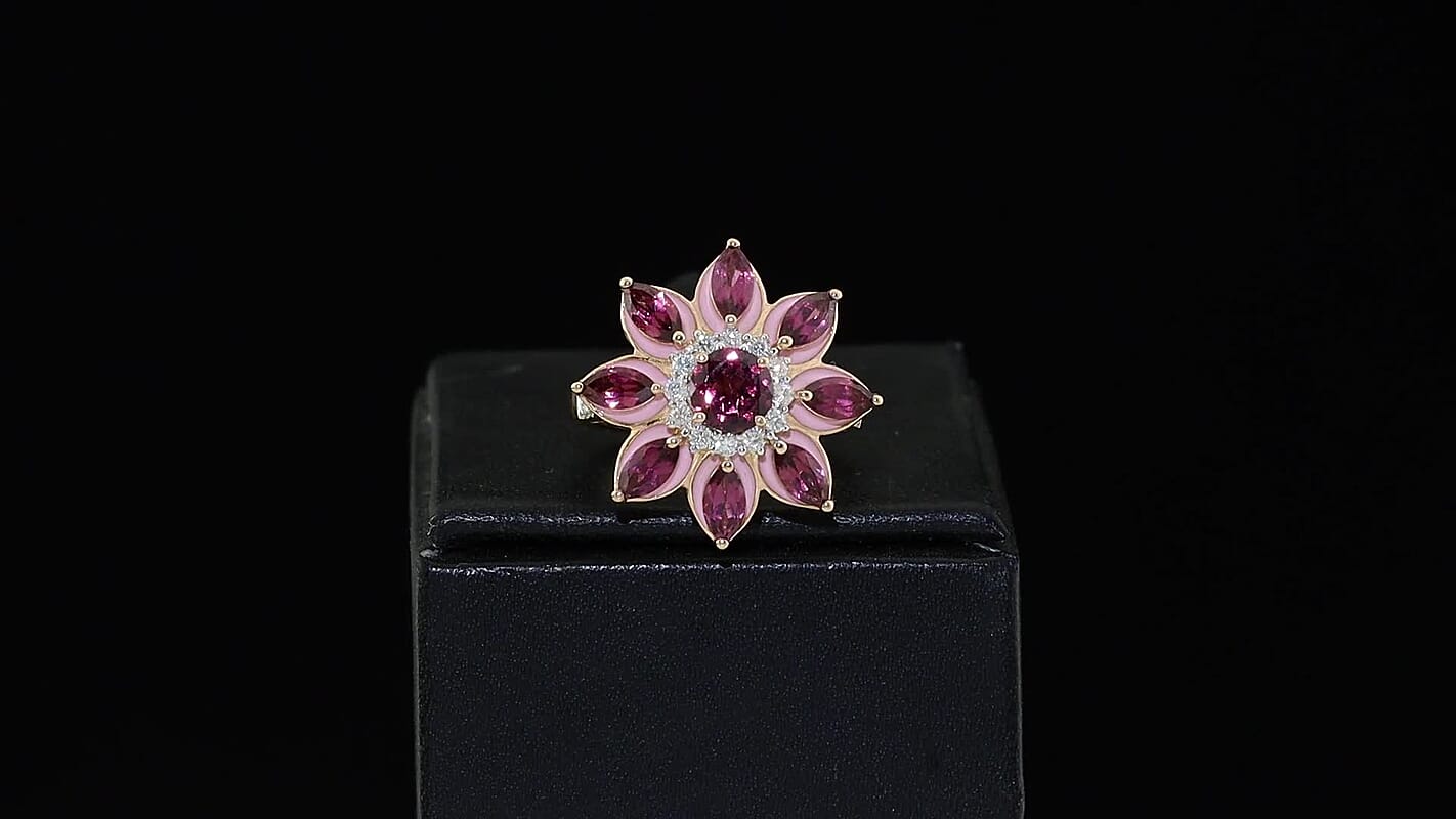 D'Joy Premium Orissa Rhodolite Garnet, Moissanite Berry Bloom Halo Ring in 18K Vermeil RG Over Sterling Silver (Size 10.0) 3.75 ctw