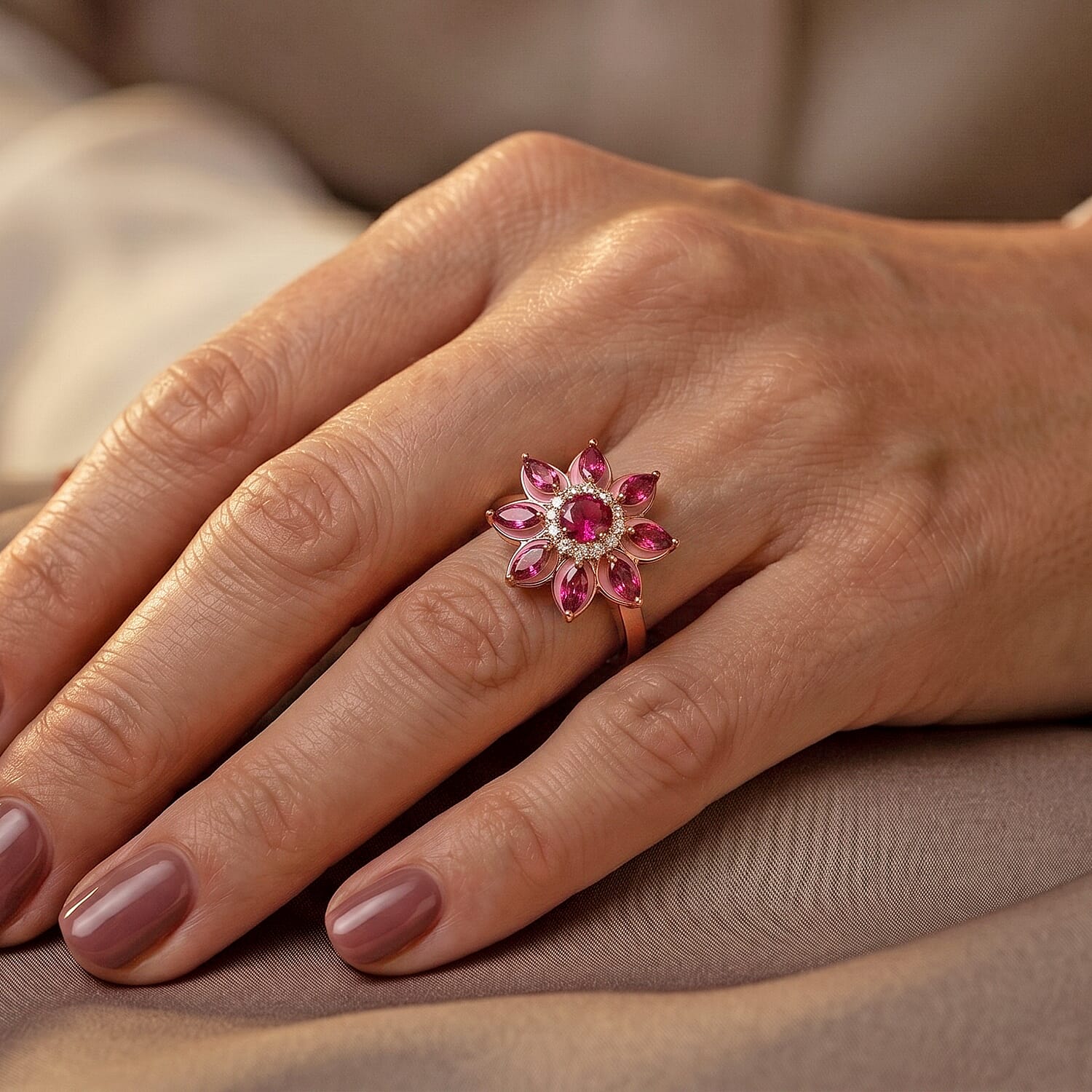 D'Joy Premium Orissa Rhodolite Garnet and Moissanite 3.75 ctw Berry Bloom Halo Ring in 18K Vermeil Rose Gold Over Sterling Silver (Size 6.0)