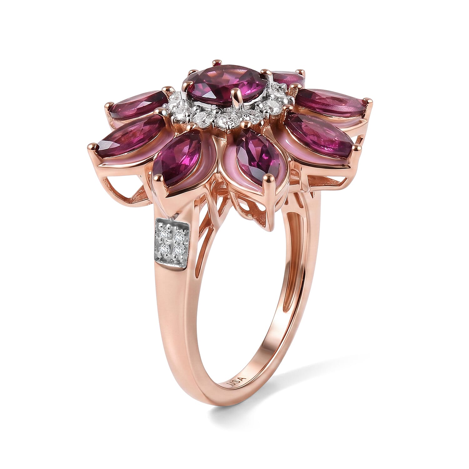 D'Joy Premium Orissa Rhodolite Garnet and Moissanite 3.75 ctw Berry Bloom Halo Ring in 18K Vermeil Rose Gold Over Sterling Silver (Size 6.0)