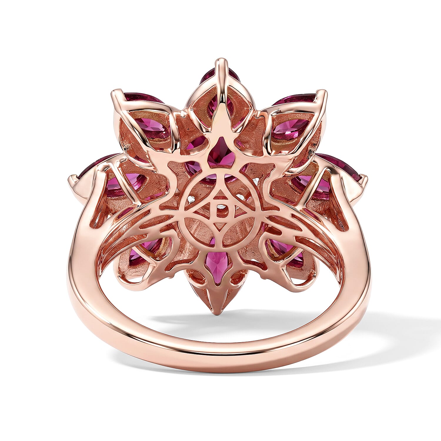 D'Joy Premium Orissa Rhodolite Garnet and Moissanite 3.75 ctw Berry Bloom Halo Ring in 18K Vermeil Rose Gold Over Sterling Silver (Size 6.0)