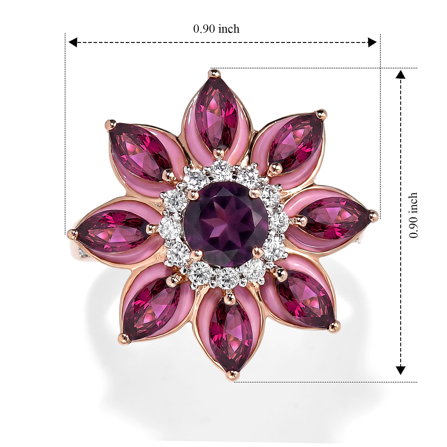 D'Joy Premium Orissa Rhodolite Garnet and Moissanite 3.75 ctw Berry Bloom Halo Ring in 18K Vermeil Rose Gold Over Sterling Silver (Size 6.0)