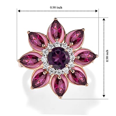 D'Joy Premium Orissa Rhodolite Garnet and Moissanite 3.75 ctw Berry Bloom Halo Ring in 18K Vermeil Rose Gold Over Sterling Silver (Size 6.0)