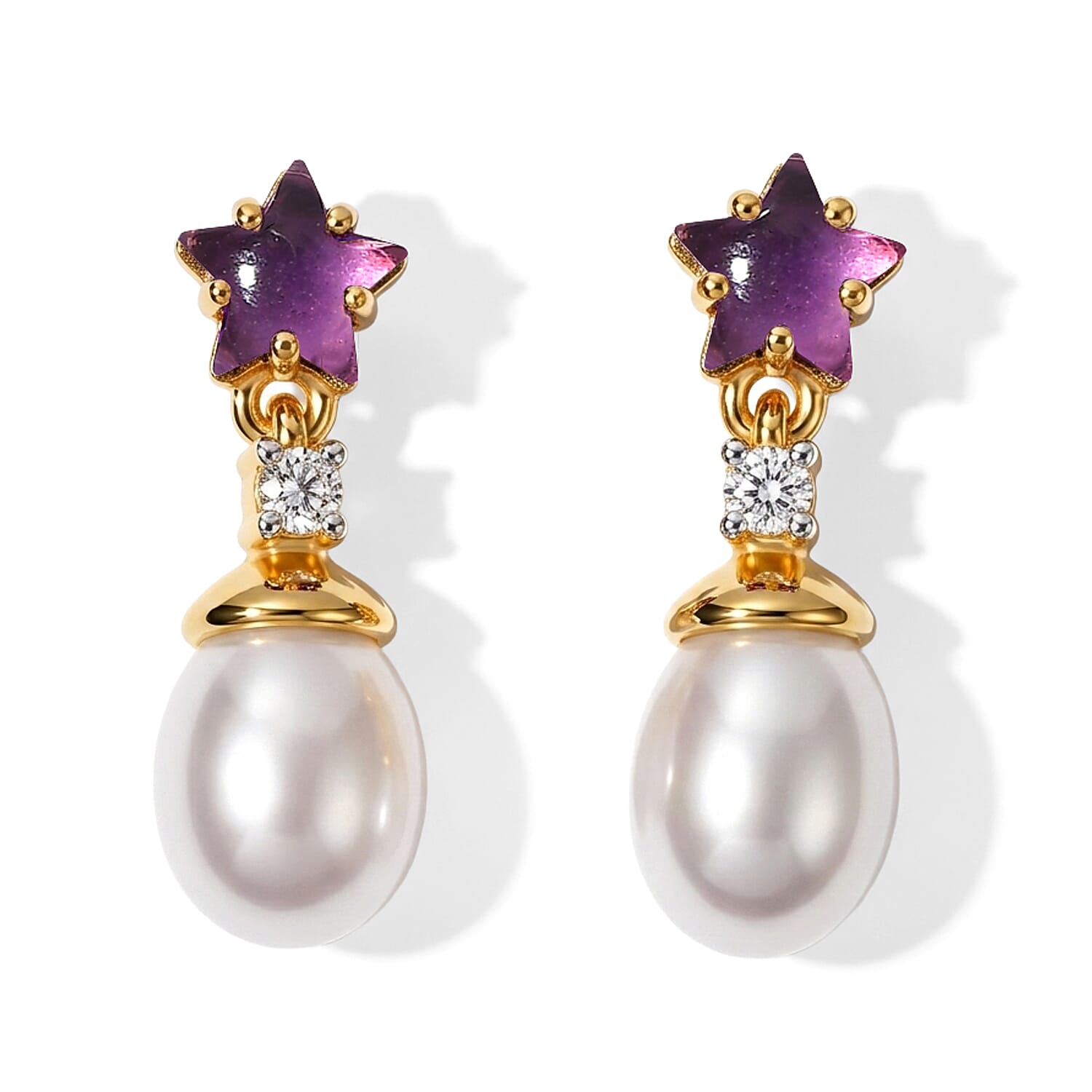 D'Joy Freshwater Pearl and Multi Gemstone 0.70 ctw Earrings in 18K Vermeil Yellow Gold Over Sterling Silver