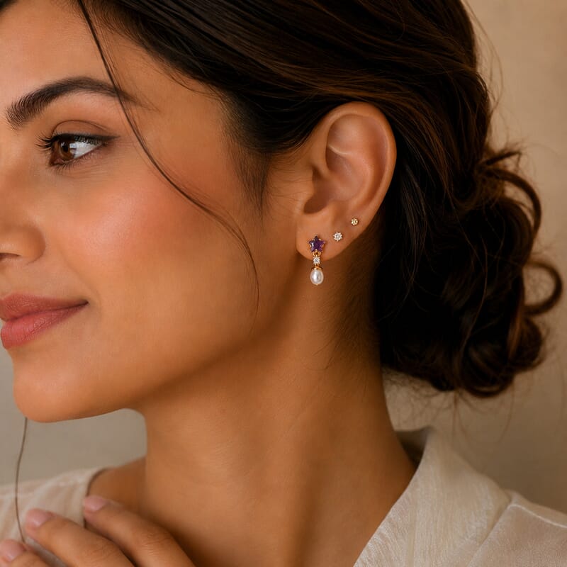 D'Joy Freshwater Pearl and Multi Gemstone 0.70 ctw Earrings in 18K Vermeil Yellow Gold Over Sterling Silver