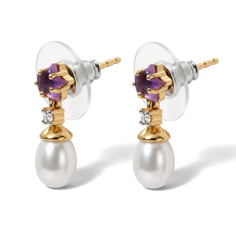 D'Joy Freshwater Pearl and Multi Gemstone 0.70 ctw Earrings in 18K Vermeil Yellow Gold Over Sterling Silver