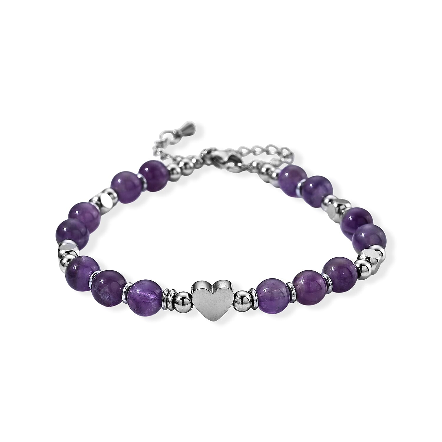 African Amethyst 30.00 ctw Beaded Bracelet in Stainless Steel (6.5-8.5In)