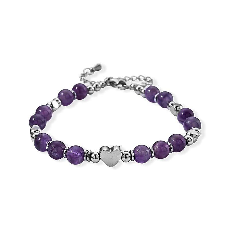 African Amethyst 30.00 ctw Beaded Bracelet in Stainless Steel (6.5-8.5In)