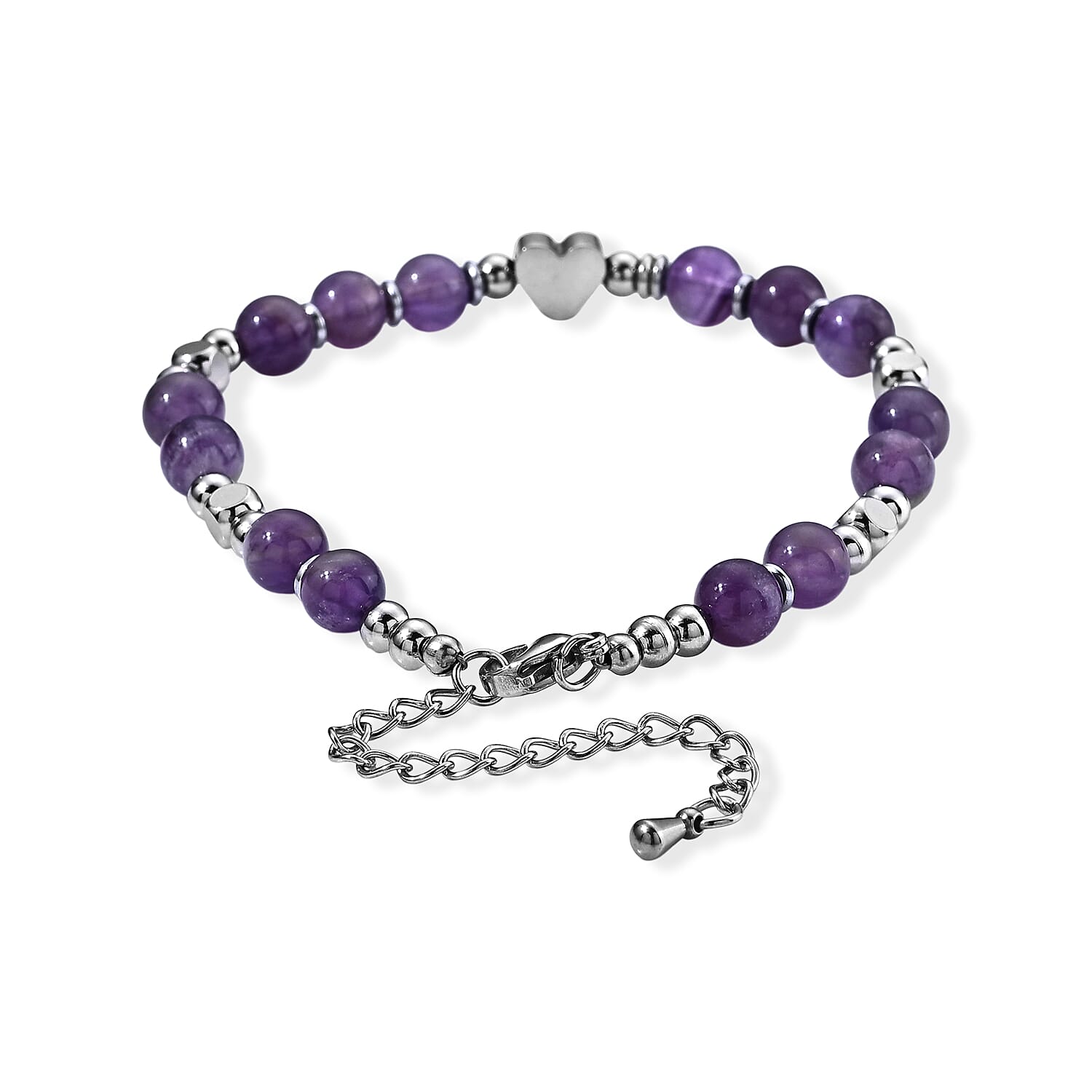 African Amethyst 30.00 ctw Beaded Bracelet in Stainless Steel (6.5-8.5In)