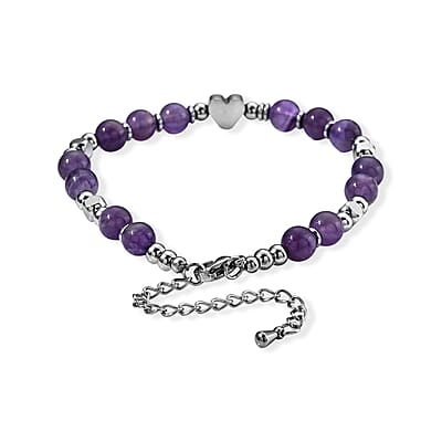 African Amethyst 30.00 ctw Beaded Bracelet in Stainless Steel (6.5-8.5In)
