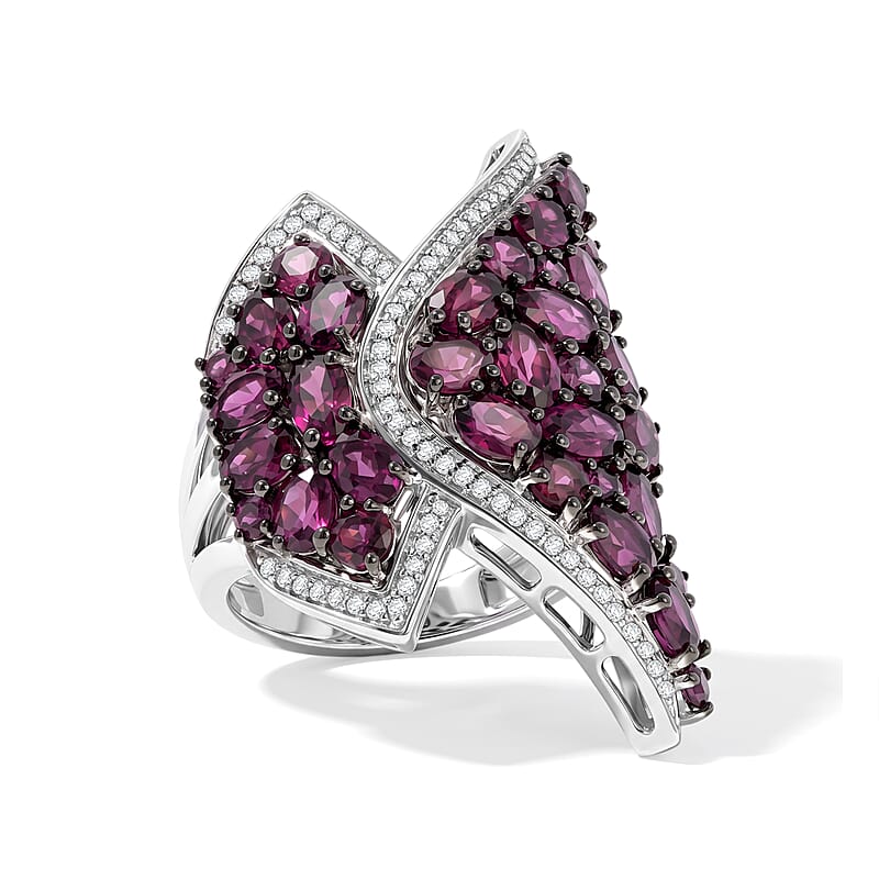 D'Joy Premium Orissa Rhodolite Garnet and White Zircon 5.75 ctw Burgundy Blossom Ring in Rhodium Over Sterling Silver (Size 6.0)