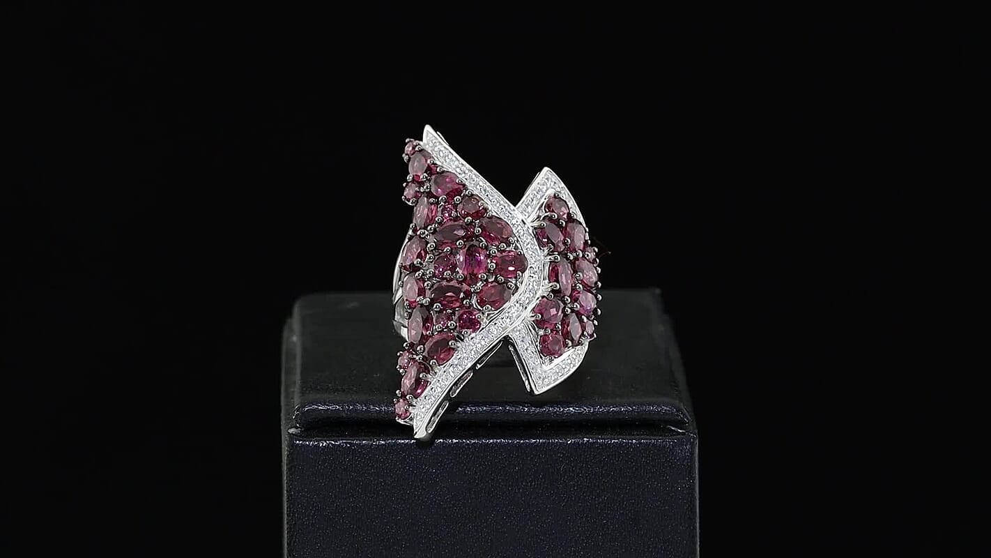 D'Joy Premium Orissa Rhodolite Garnet, White Zircon Burgundy Blossom Ring in Rhodium Over Sterling Silver (Size 6.0) 5.75 ctw