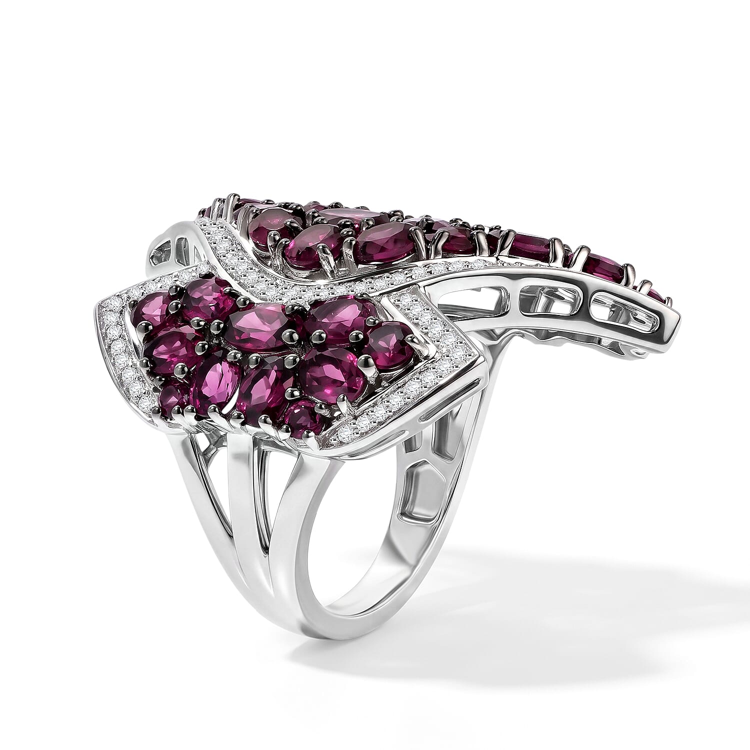 D'Joy Premium Orissa Rhodolite Garnet and White Zircon 5.75 ctw Burgundy Blossom Ring in Rhodium Over Sterling Silver (Size 6.0)